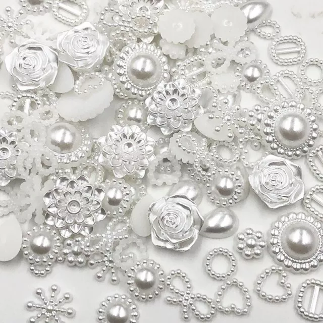 200 Pearl Mixed Shapes Charms Shabby Chic White Hearts Bows Stars Ring Snowflake