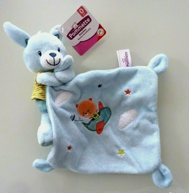 M6 - Doudou Peluche Pommette Lapin Bleu Tee Shirt Raye Mouchoir Ours Etoile Neuf