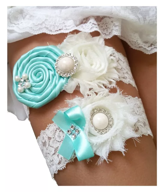 Tiffany Blue Wedding Garter Set w/ Pearl Rhinestone Bow Lace Garters Prom Bridal