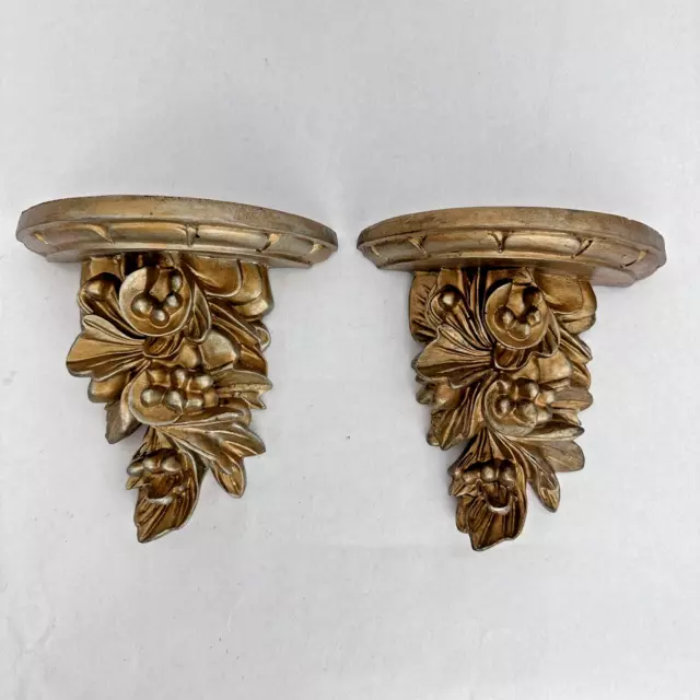 2 Vtg Resin Gold Floral Botanical Sconce Shelves Wall Decor Ornate Detail Shelf