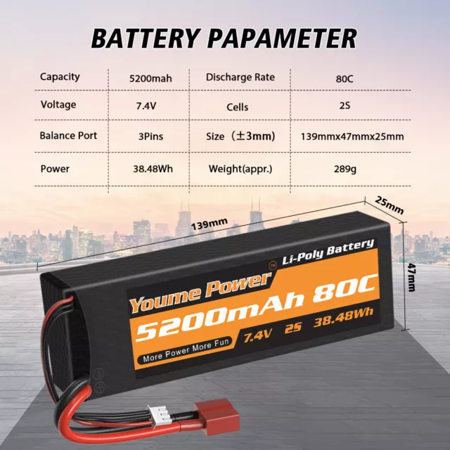 2pcs Youme 2S 7.4V 5200mAh Deans 80C Lipo Battery Hardcase for RC Truck Losi AU 2