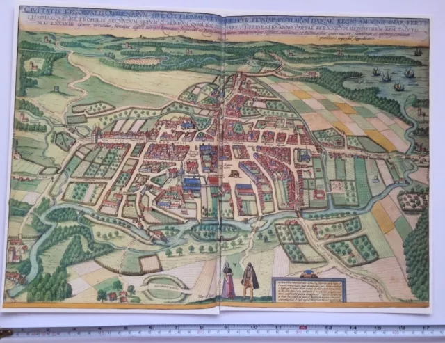 Old Antique PictureMap Odense, Denmark: 1598 Braun & Hogenberg REPRINT 1500's