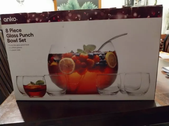 8 Piece Large Glass Punch Bowl Set New In Box With Ladle And Glasses