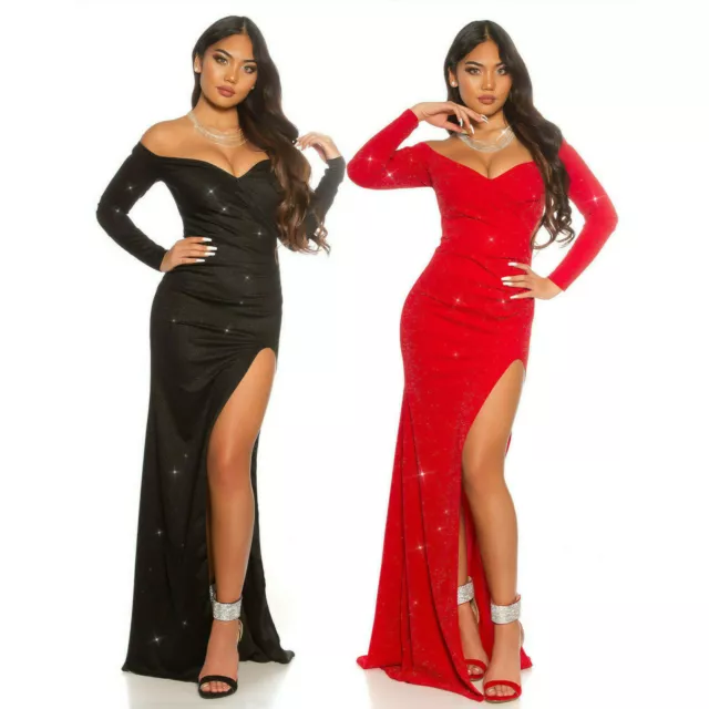 Abito vestito lungo donna Sera sexy schiena glitter spacco alto nuovo