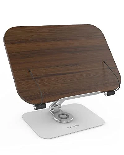 Book Stand for Reading with 360° Rotate & Page Clips, Wood, Walnut Wood Color