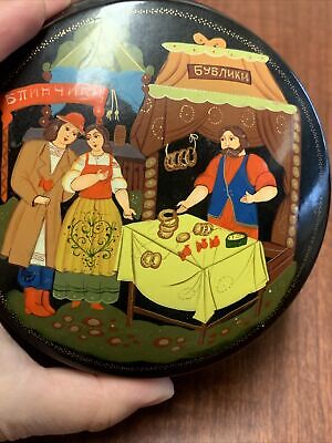 Vintage Antique Russian HAND PAINTED Enamel ROUND BOX Bakery Sale Metal Laquer
