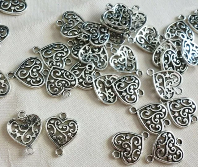 10 Antique Silver Coloured Filigree Heart Connectors 18mm x 14mm #3983 Au Seller