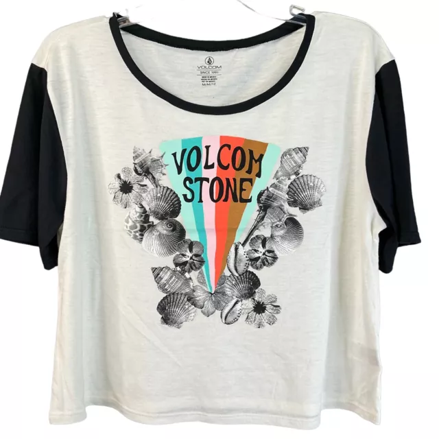 Volcom T-Shirt Womens Size Medium Off White Crop Relaxed Front Graphic Nwot