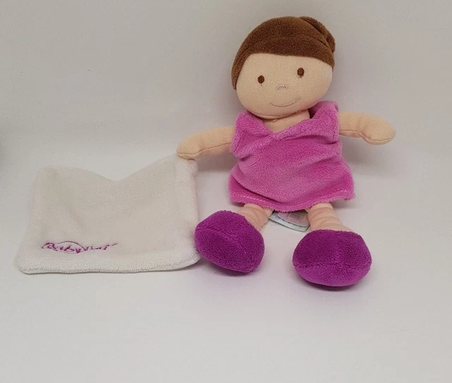 doudou poupée fille brune marron mouchoir blanc  robe rose violet fushia babynat