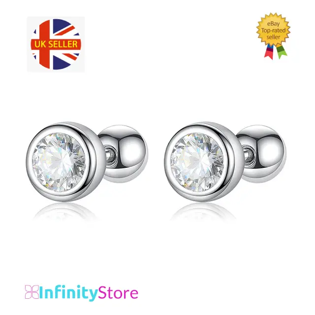 Round Solid Sterling Silver 925 Earrings Solitaire CZ Screw Studs