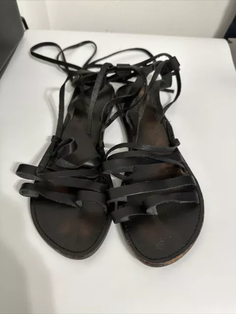 Free people Flat Gladiator Wrap Sandals Sz 40 strappy leather boho Black  Ankle