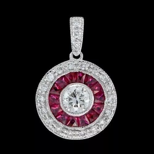 Art Deco Round Lab Created Diamond & Ruby Wedding 14K White Gold Filled Pendant