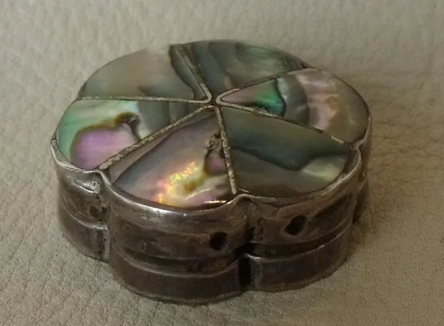 Mexico sterling silver hinged pill trinket box with inlay abalone shell top
