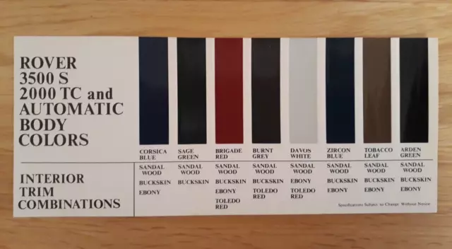 Rover P6 Body Colour & Trim Chart Brochure / Leaflet c.1967 - 2000 TC  3500 S