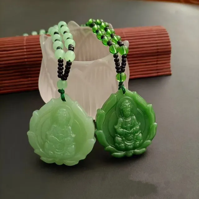 Chinese Style Green Jade Hand-Carved Guanyin Jade Pendant Amulet Lucky Jewelry
