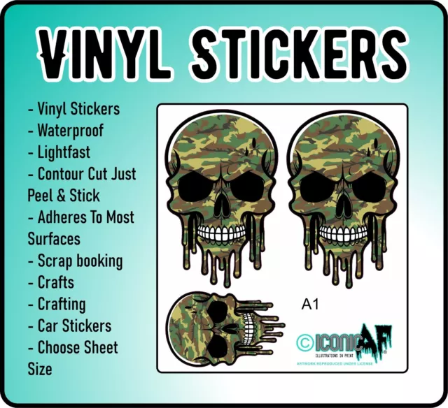Set of Army Camo Camouflage Dripping Skull Vinyl Car Stickers Sheet Scrapbook A1