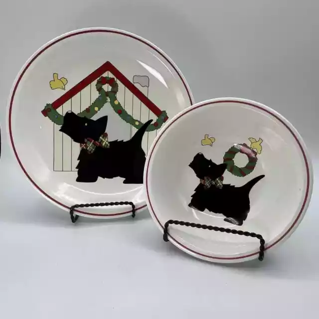 Vtg Christmas Scottie Dog Bowl Plate Set Childrens Merry Terrier Japan Dog House