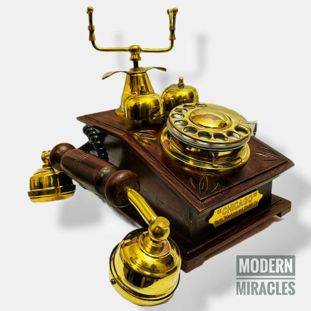 Vintage Brass Telephone Etching Wooden Rotary Dial Maharaja Engraved Telephone