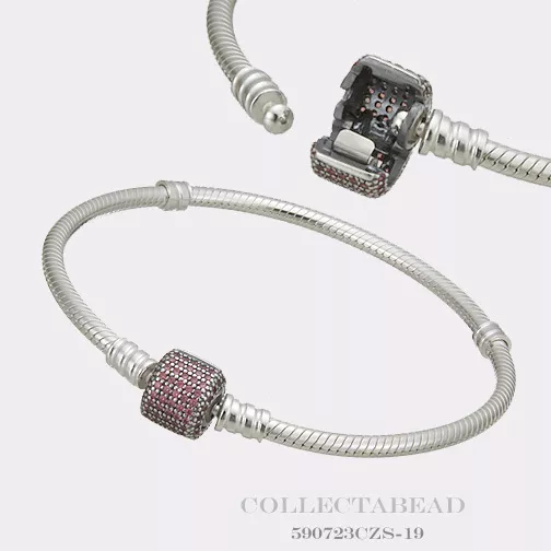 Authentic Pandora Silver Bracelet Signature Clasp Fancy Pink CZ 9.1"  590723CZS