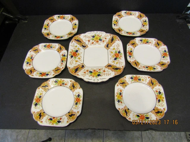 7 Piezas-Melba-Bone China-Plato De Pastel De Grado Fino Y 6 Platos Utilitarios Patt.5065