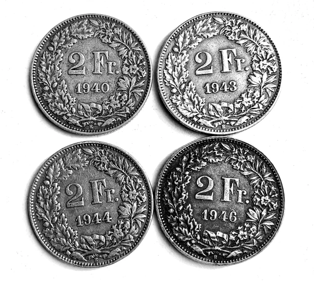 Suisse lot 4 monnaies 2 Francs 1940 1943 1944 1946 argent  2 Fr Helvetia debout