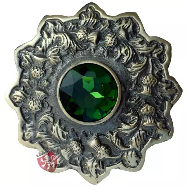 Scottish Kilt Fly Plaid Brooch Antique Finish Green Stone Celtic Pin & Brooches