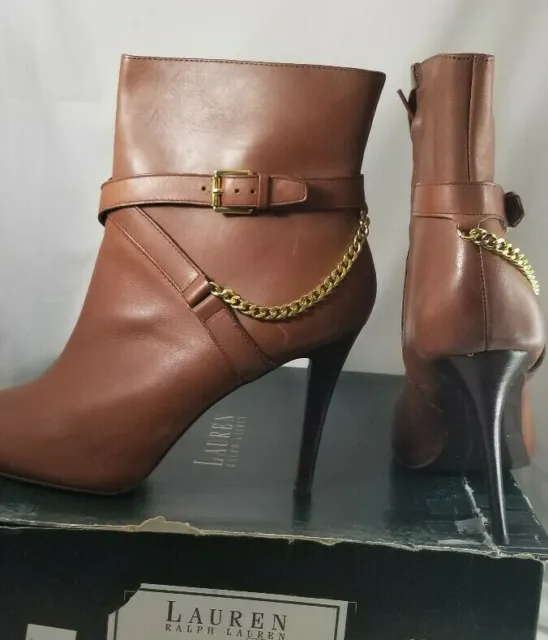 Ralph Lauren Women Leather Booties Boots Laurie Camel Cognac Size 9.5B $150 MSRP