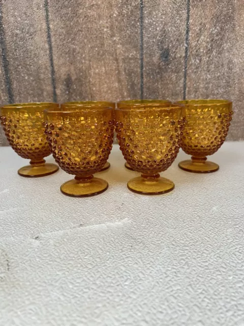 Fenton Amber Footed Goblet or Water Glass, Hobnail Pattern Set Of 6