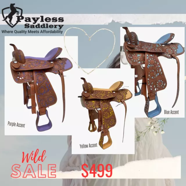 Blue / Yellow / Purple accent-Barrel Racing / Pleasure Leather Western Saddle