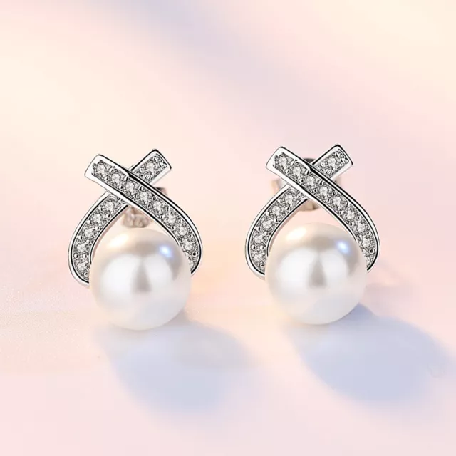 Crystal Pearl Bow Swirl Stud Earrings 925 Sterling Silver Womens Girls Jewellery