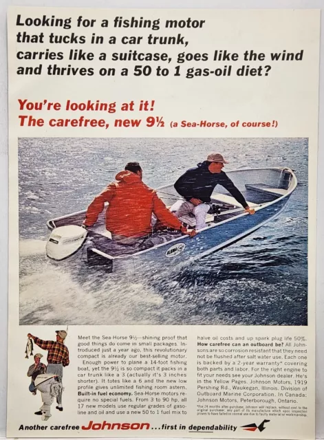 1965 Johnson Motors Fishing Boat Sea Horse Outboard Print Ad Waukegan Illinois