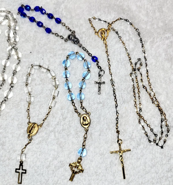 5 Antique Cobalt Blue GLASS & ROCK CRYSTAL Rosaries Cross Rosary CRUCIFIX