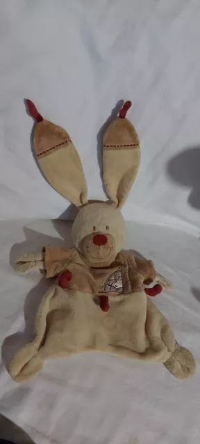 Doudou lapin plat beige NICOTOY SIMBA Bastien nœuds bordeaux tbé