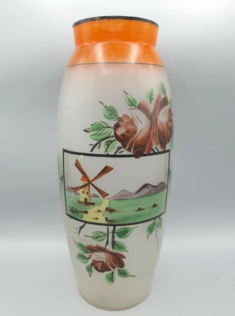Carafe émaillée Ancienne - Décor Paysage Au Bord De L'eau - Verre
