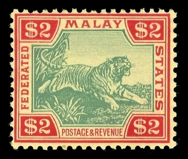 Malaya Federated States 1922 'Tiger' $2 green & red/yellow MLH. SG 79. Sc 78.