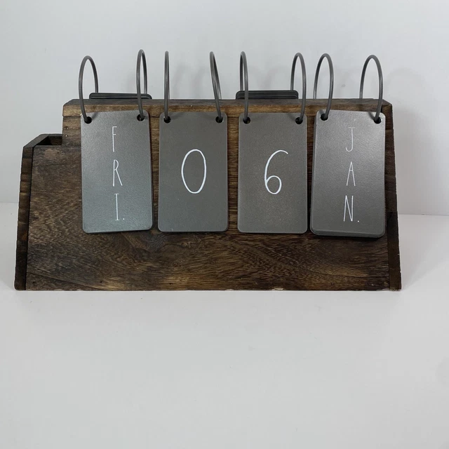 RAE DUNN RUSTIC Metal Flip Wood Perpetual Calendar Desk Pen Holder New