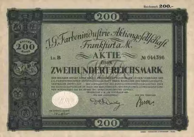 I.G. FARBEN Bayer Höchst BASF Casella Kalle 200 RM 1925 Gründeraktie Leverkusen