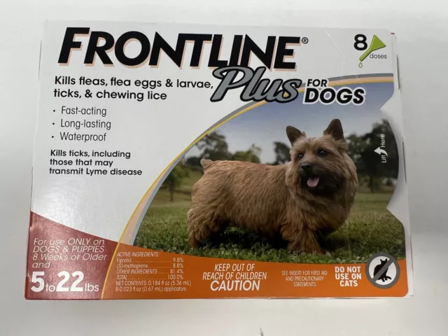 Frontline Plus Flea and Tick Dog Treatment 5-22 lbs, 8 Doses New