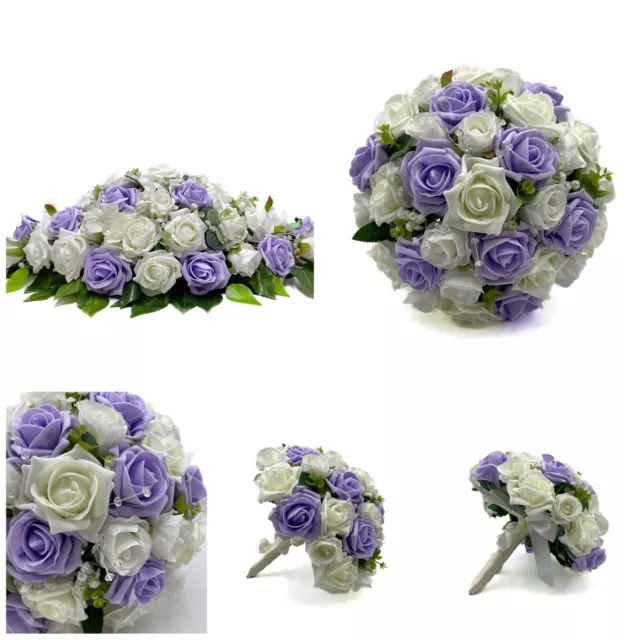 Silk Artificial Wedding Flowers Lilac Ivory Rose Bouquet Posy Buttonhole Package