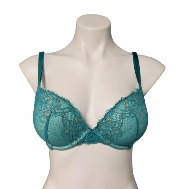 Ambrielle Lace Plunge Pushup Bra Women's Size 36C Turquoise Underwire Padded