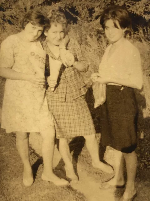 1950s Ladies Beautiful Girls Women Gently Hugging B&W Vintage B&W Photo Snapshot