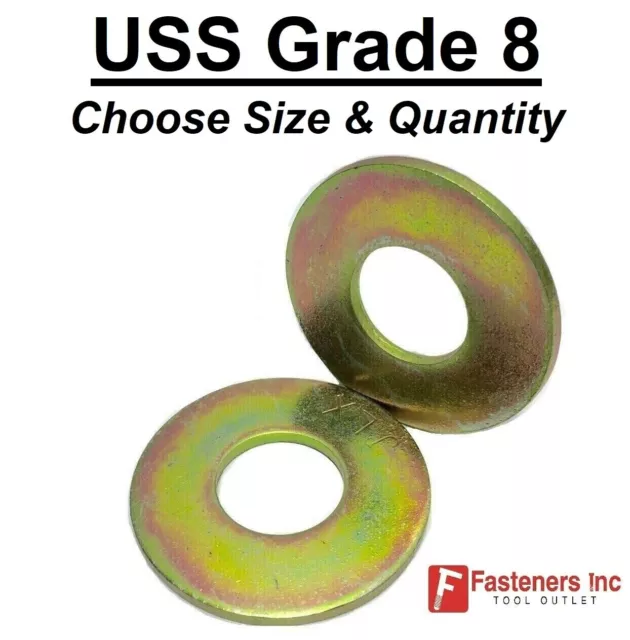 USS Flat Washers Thru-Hardened Grade 8 Yellow Zinc (Choose Size & Qty)