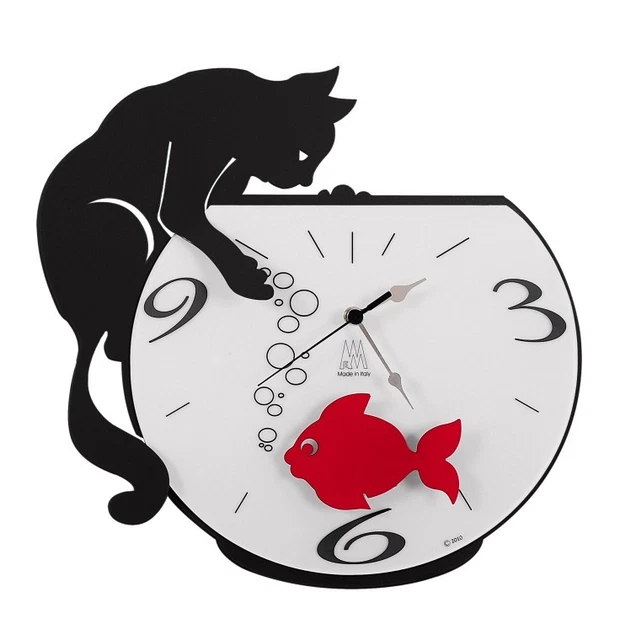 Orologio Parete Muro "Tommy & Fish" Ferro Design Moderno Arti E Mestieri Gatto