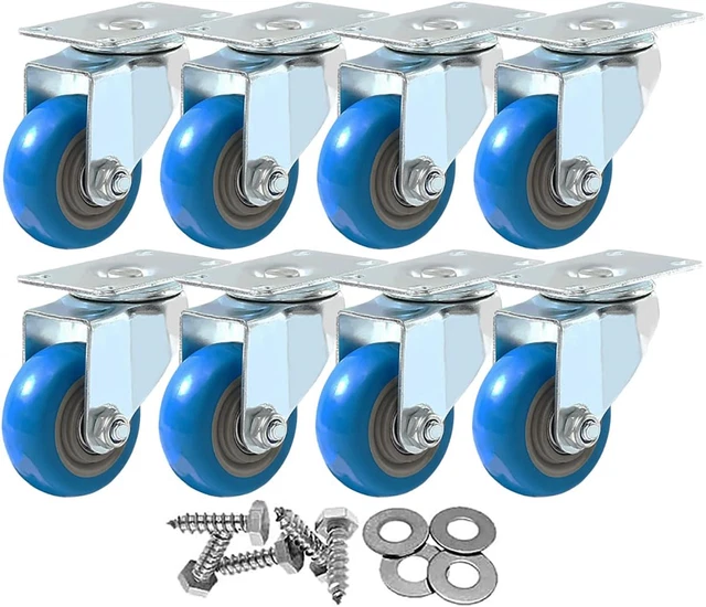 8 Pack 3 Inch Combo Caster Swivel Plate No Brake Plate Heavy Duty on Blue PU