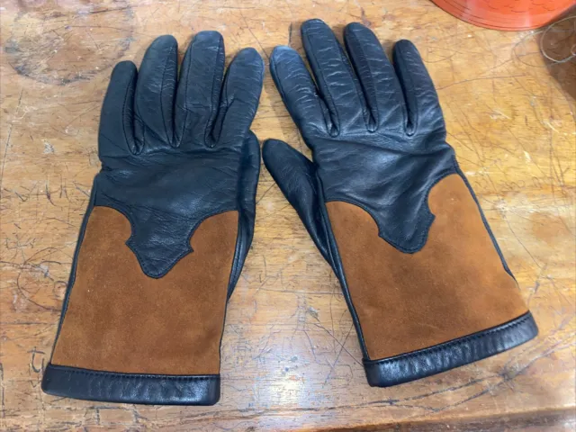 AGNELLE Ladies Black & Brown Leather Suede Detail Button Closure Gloves Size 7