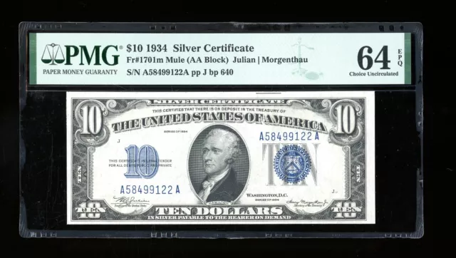 DBR 1934 $10 Silver Mule Fr. 1701m PMG 64 EPQ Serial A58499122A