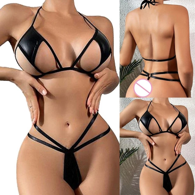 Ensemble Lingerie Wetlook Provocateur - Soutien-gorge Et String - Cuir Verni Noir - Tailles S à XL - Neuf Avec étiquettes