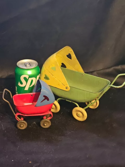 2 Antique Bent Steel Metal Toy Baby Stroller Dollhouse Miniature Decorative Art