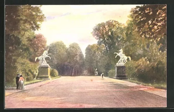 Ansichtskarte Stuttgart, Straße mit der Pferdegruppe 1908