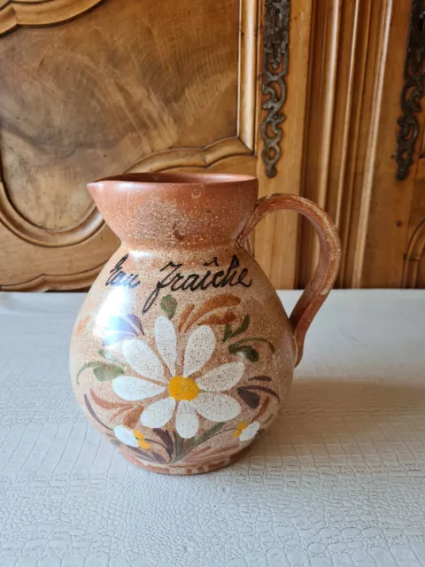 Grand Pichet Broc Vase Carafe En Gres Marguerite Fleurs Ancien Vintage